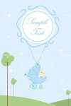 Abstract Pram with Baby Flying on Balloon with Sample Text